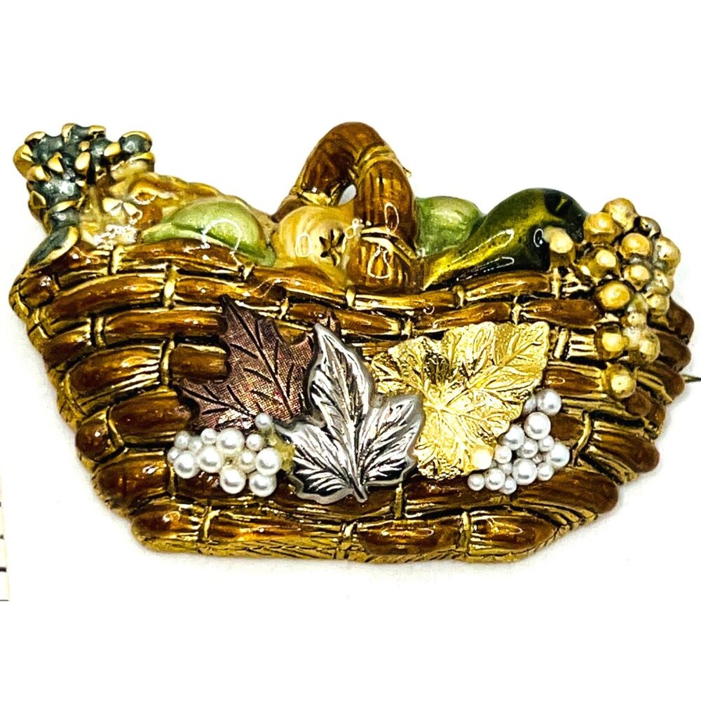 Vintage Harvest Basket Enamel Pin With Gold-Tone Accents & Faux Pearl Detailing